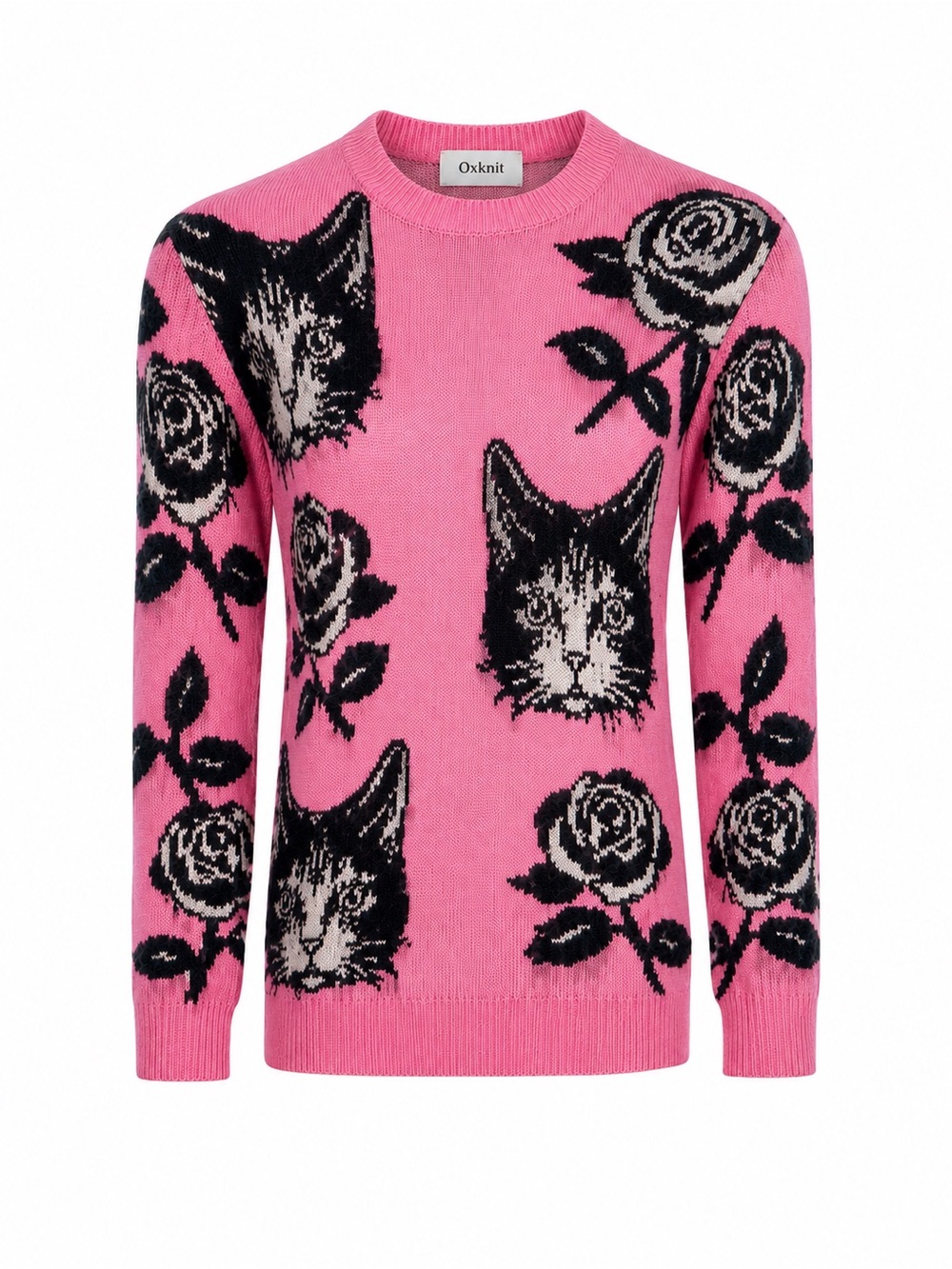New with Tag! Oxknit Women's Pink Cat & Rose Crewneck Sweater sz M - Picture 3 of 9